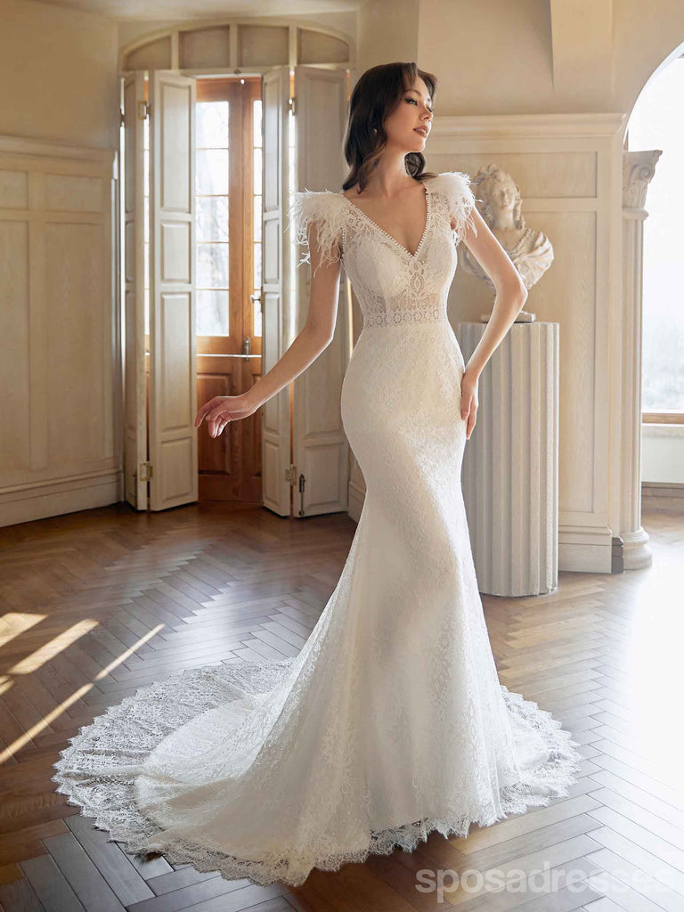 Gorgeous Mermaid Off White V-neck Maxi Long Handmade Lace Wedding Dresses,WD819