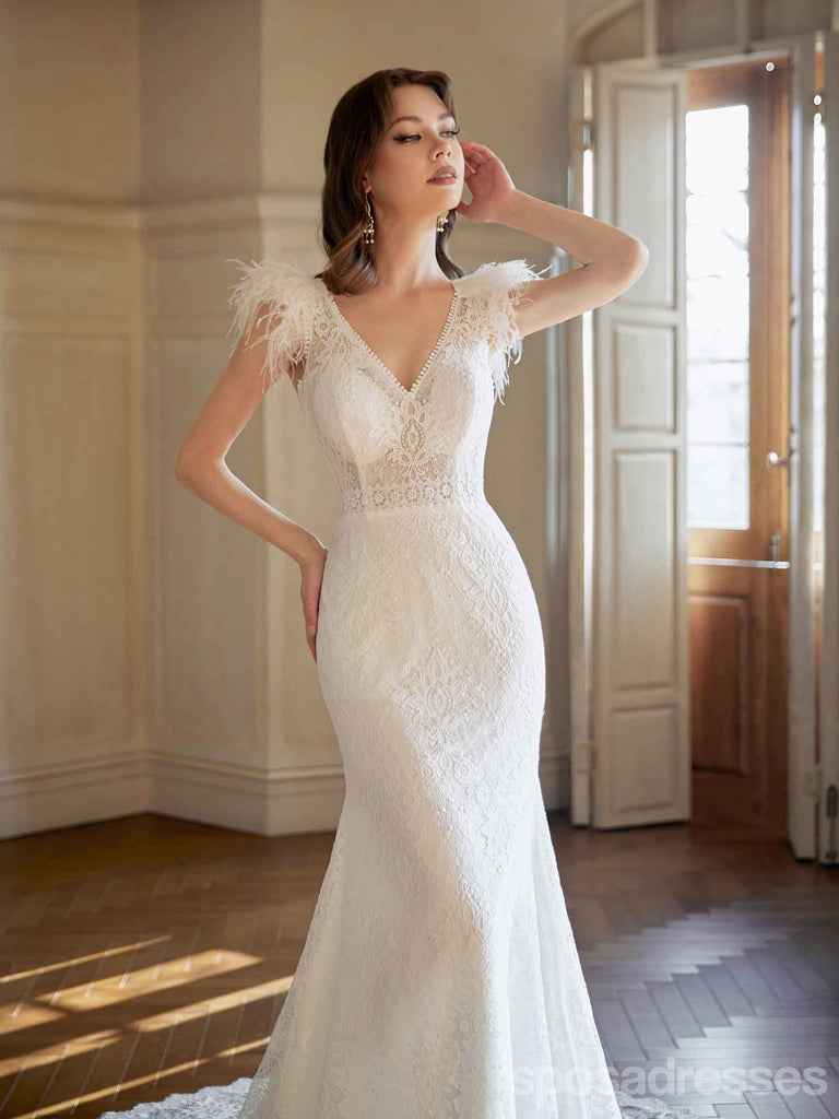 Gorgeous Mermaid Off White V-neck Maxi Long Handmade Lace Wedding Dresses,WD819