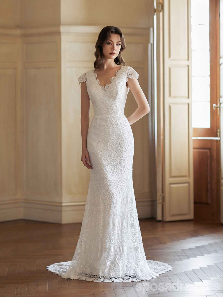 Sexy Mermaid V-neck Open Back Handmade Lace Wedding Dresses,WD807