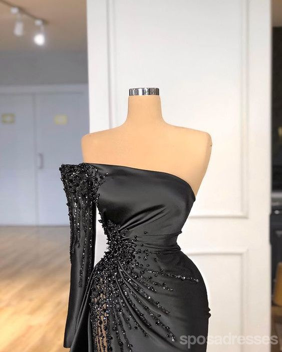 Sexy Black Mermaid One Shoulder Long Sleeves Maxi Long Party Prom Dresses,Evening Dress,13488