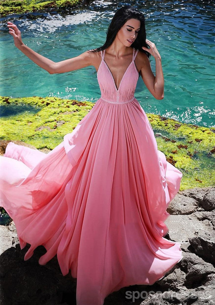 Popular Pink A-line Spaghetti Straps Long Party Prom Dresses,Evening Dress,13358