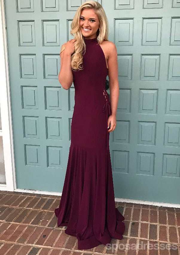 Sexy Burgundy Mermaid Halter Long Party Prom Dresses,Evening Dress,13355