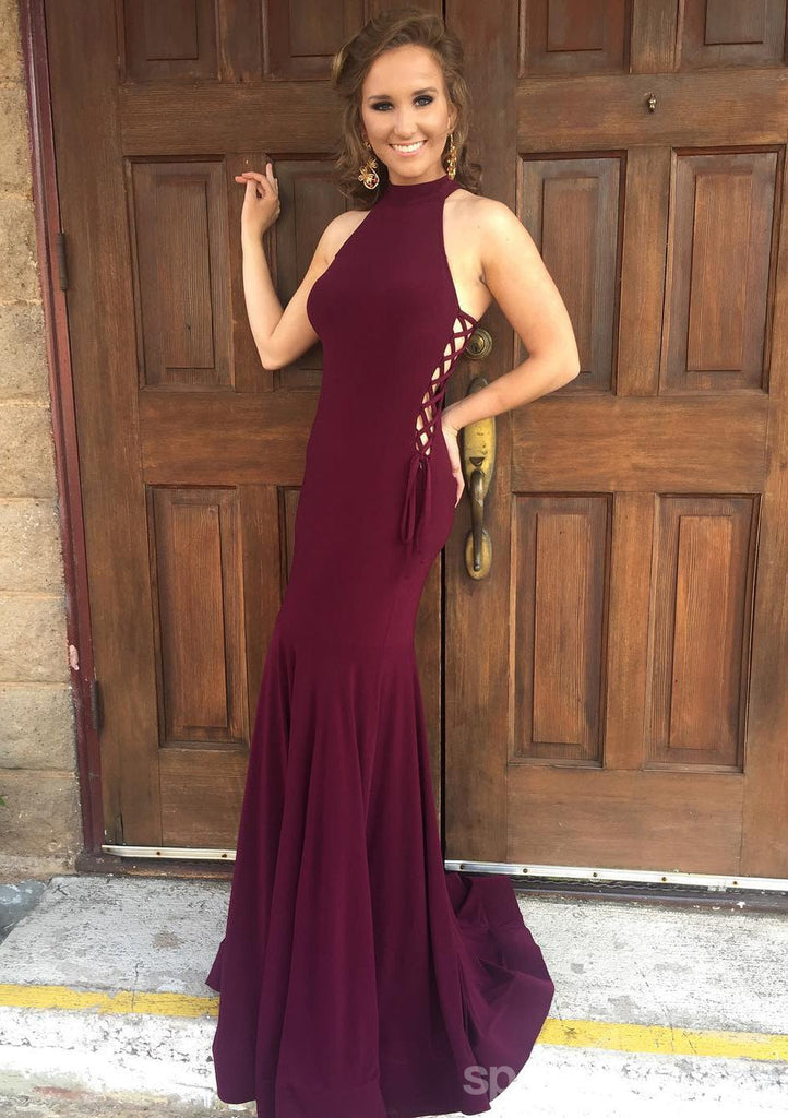 Sexy Burgundy Mermaid Halter Long Party Prom Dresses,Evening Dress,13355