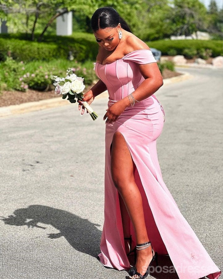 Sexy Pink Mermaid Off Shoulder Side Slit Maxi Long Wedding Guest Bridesmaid Dresses,WG1722