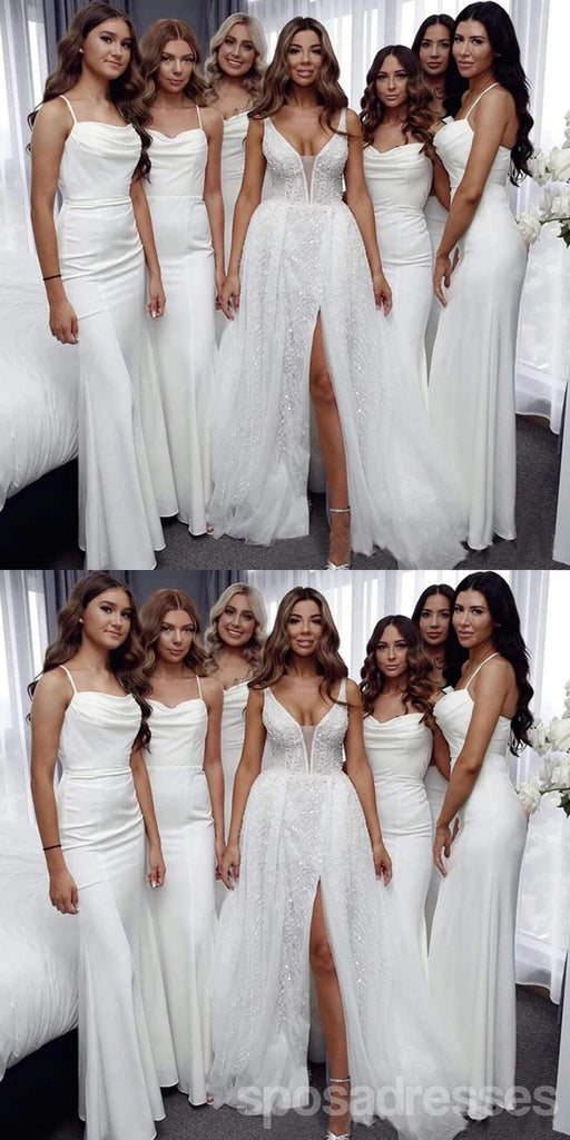 Simple White Mermaid Spaghetti Straps Maxi Long Bridesmaid Dresses,WG1709