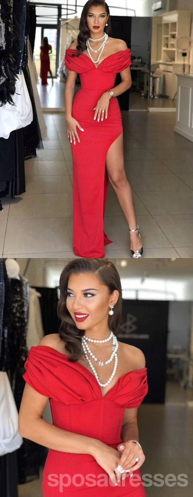 Sexy Red Sheath Side Slit Off Shoulder Maxi Long Party Prom Dresses, Evening Dress,13319