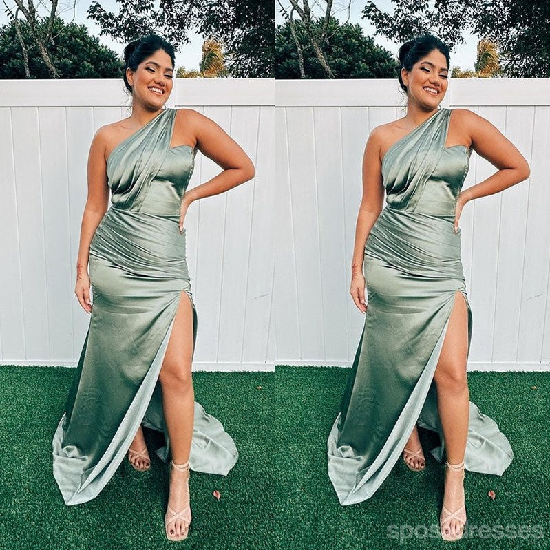 Sexy Sage Green Mermaid One Shoulder Side Slit Maxi Long Bridesmaid Dresses For Wedding,WG1767