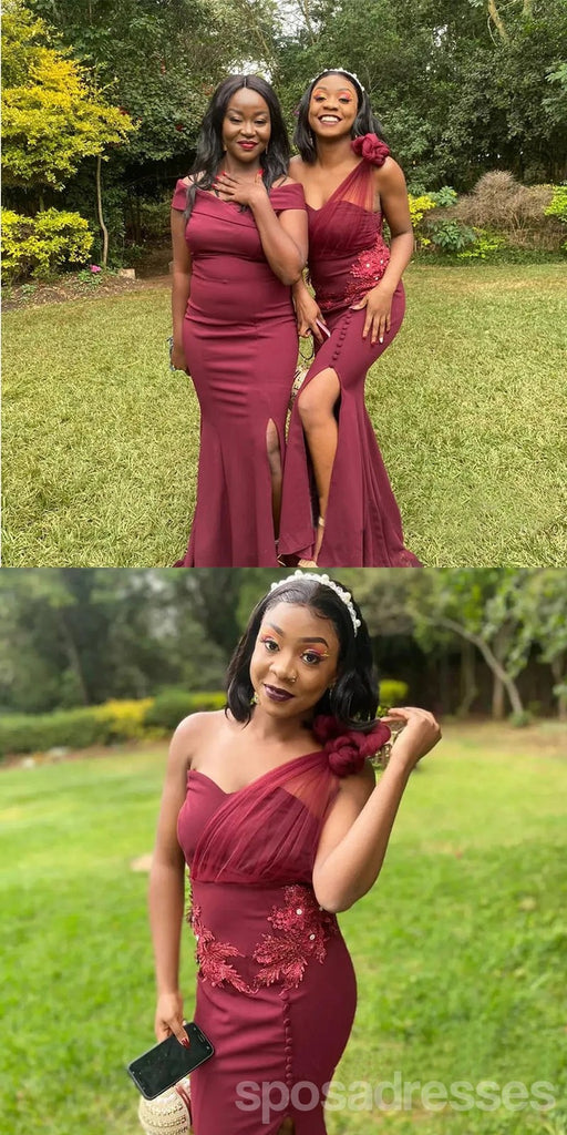 Sexy Burgundy Mermaid Side Slit Maxi Long Bridesmaid Dresses For Wedding Party,WG1803