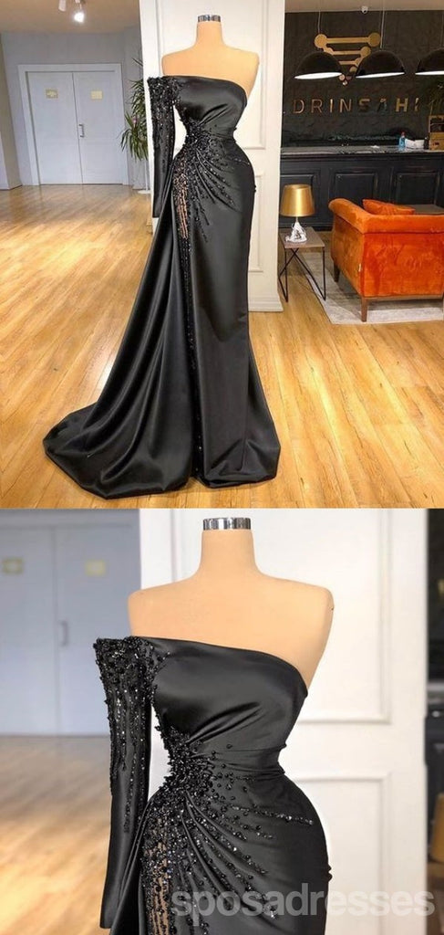 Sexy Black Mermaid One Shoulder Long Sleeves Maxi Long Party Prom Dresses,Evening Dress,13488