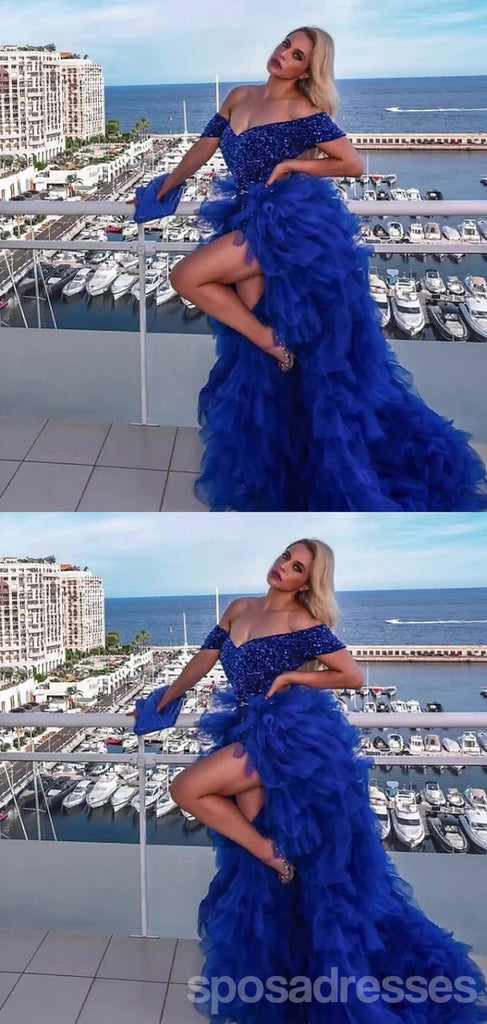 Sexy Blue Off Shoulder A-line High Slit Maxi Long Party Prom Dresses,Evening Dress,13504