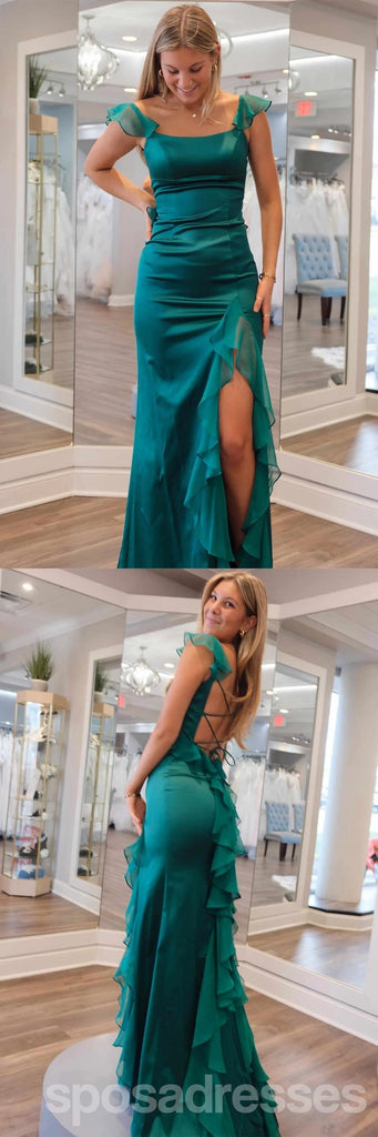 Popular Green Mermaid Square Neckline Side Slit Long Party Prom Dresses,Evening Dress,13385