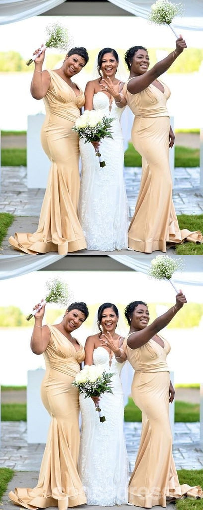 Sexy Champagne Mermaid V-neck Maxi Long Bridesmaid Dresses For Wedding,WG1759