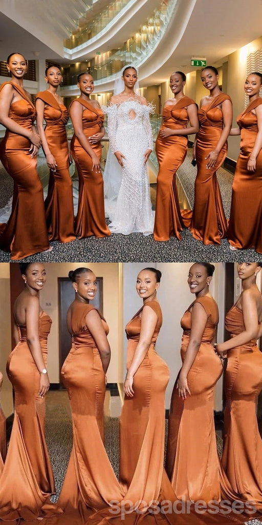 Sexy Burnt Orange Mermaid One Shoulder Maxi Long Mismatched Bridesmaid Dresses,WG1704