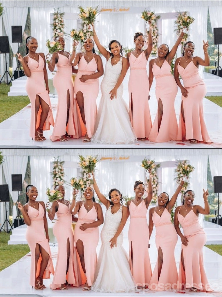 Sexy Pink Mermaid Spaghetti Straps V-neck Maxi Long Bridesmaid Dresses,WG1796