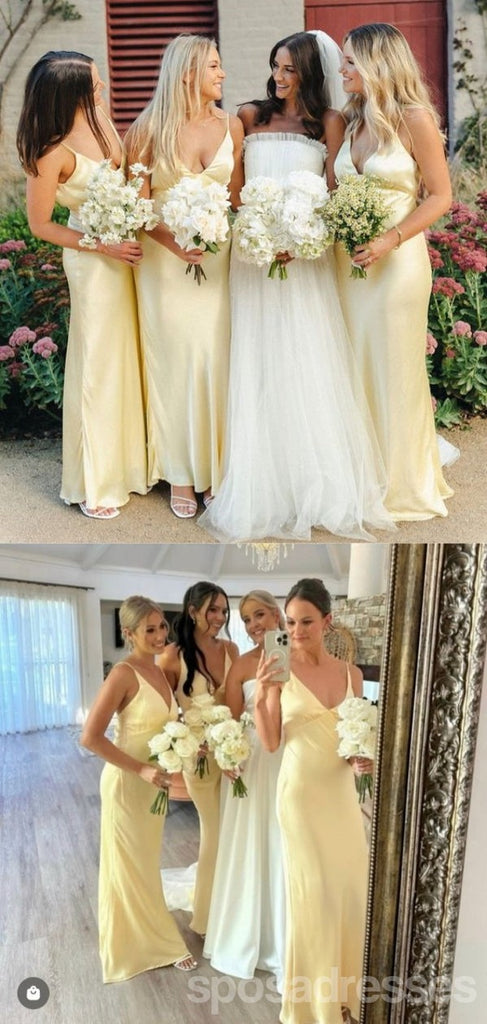 Simple Yellow Sheath Spaghetti Straps Maxi Long Bridesmaid Dresses For Wedding Party,WG1829