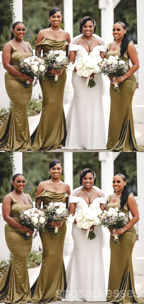 Sexy Mismatched Green Mermaid Off Shoulder Maxi Long Bridesmaid Dresses,WG1873