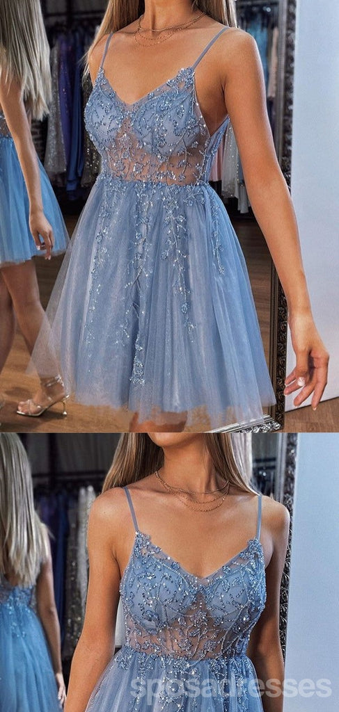 Sexy Blue A-line Spaghetti Straps Mini Short Prom Homecoming Dresses Online,CM969