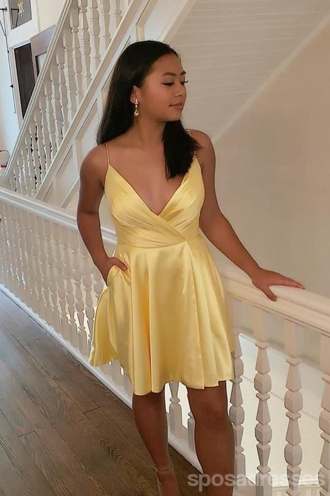 Sexy Yellow A-line Spaghetti Straps Mini Short Prom Homecoming Dresses,Party Dress,CM1011