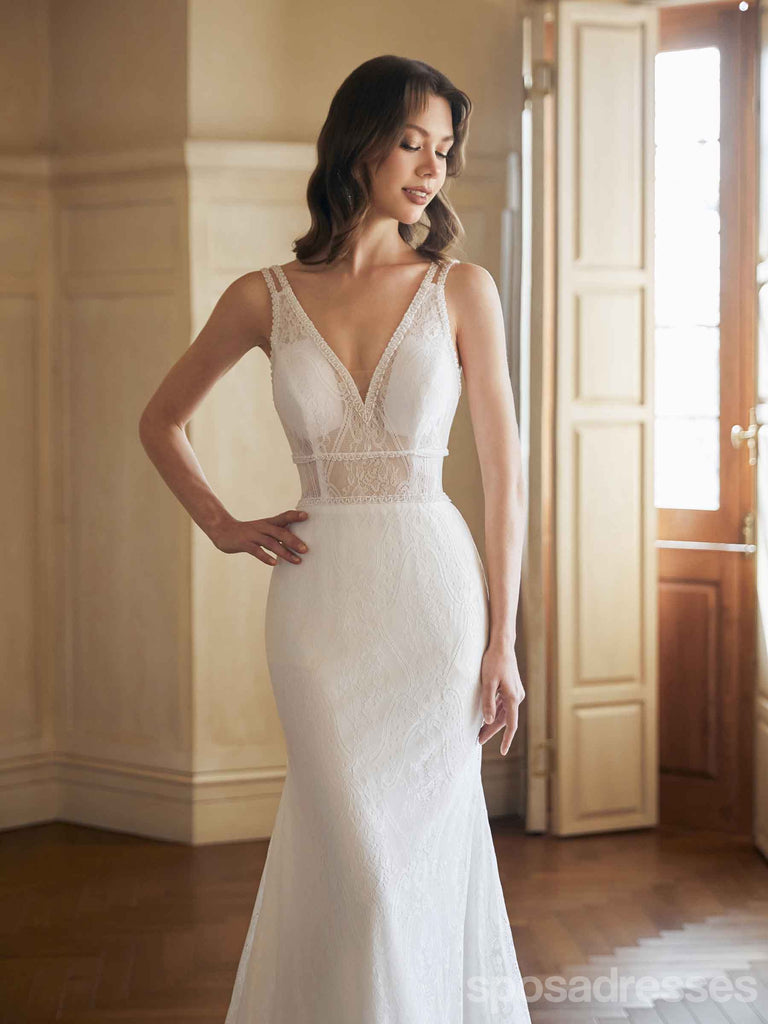 Sexy Mermaid V-neck Open Back Handmade Lace Wedding Dresses,WD810