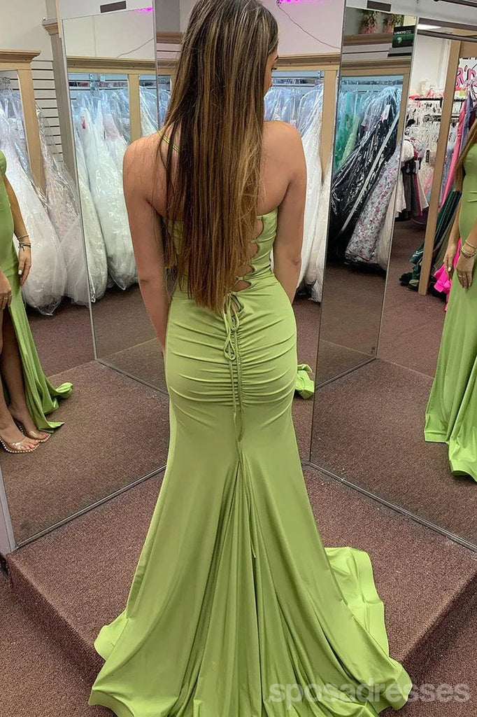 Sexy Green Mermaid Spaghetti Straps Side Slit Long Party Prom Dresses,Evening Dress,13401