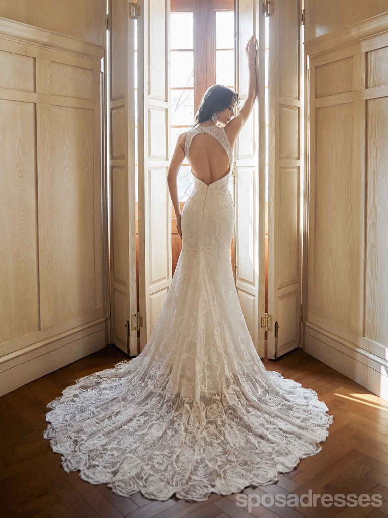 Sexy Mermaid Open Back Jewel Side Slit Handmade Lace Wedding Dresses,WD811