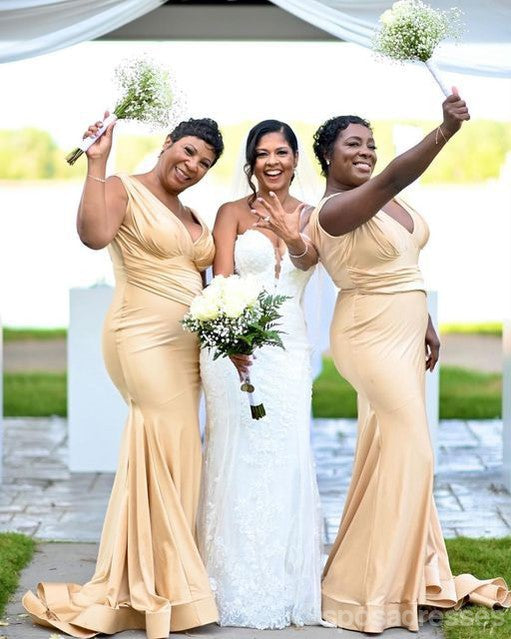 Sexy Champagne Mermaid V-neck Maxi Long Bridesmaid Dresses For Wedding,WG1759