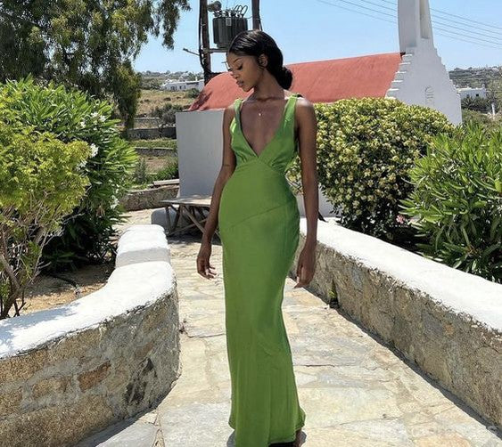 Simple Mermaid Green Deep V-neck Maxi Long Party Prom Dresses Online,13340