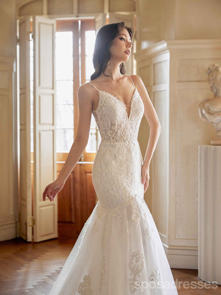 Sexy Mermaid Spaghetti Straps V-neck Handmade Lace Wedding Dresses,WD813