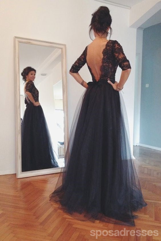 Black Prom Dress, Lace Prom Dress, Long Sleeves Prom Dress, Backless Prom Dress, Party Prom Dress, Long Evening Dress, PD0015