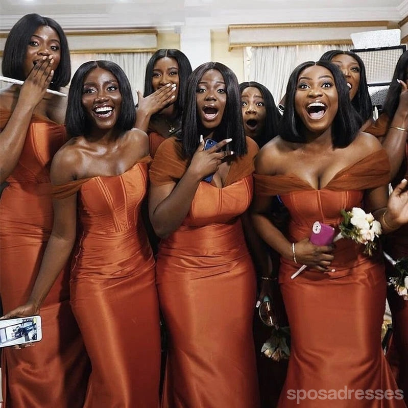 Sexy Burnt Orange Mermaid Off Shoulder Maxi Long Wedding Guest Bridesmaid Dresses,WG1743