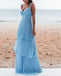 Elegant A-line V-neck Blue Maxi Long Party Prom Dresses Online,13341