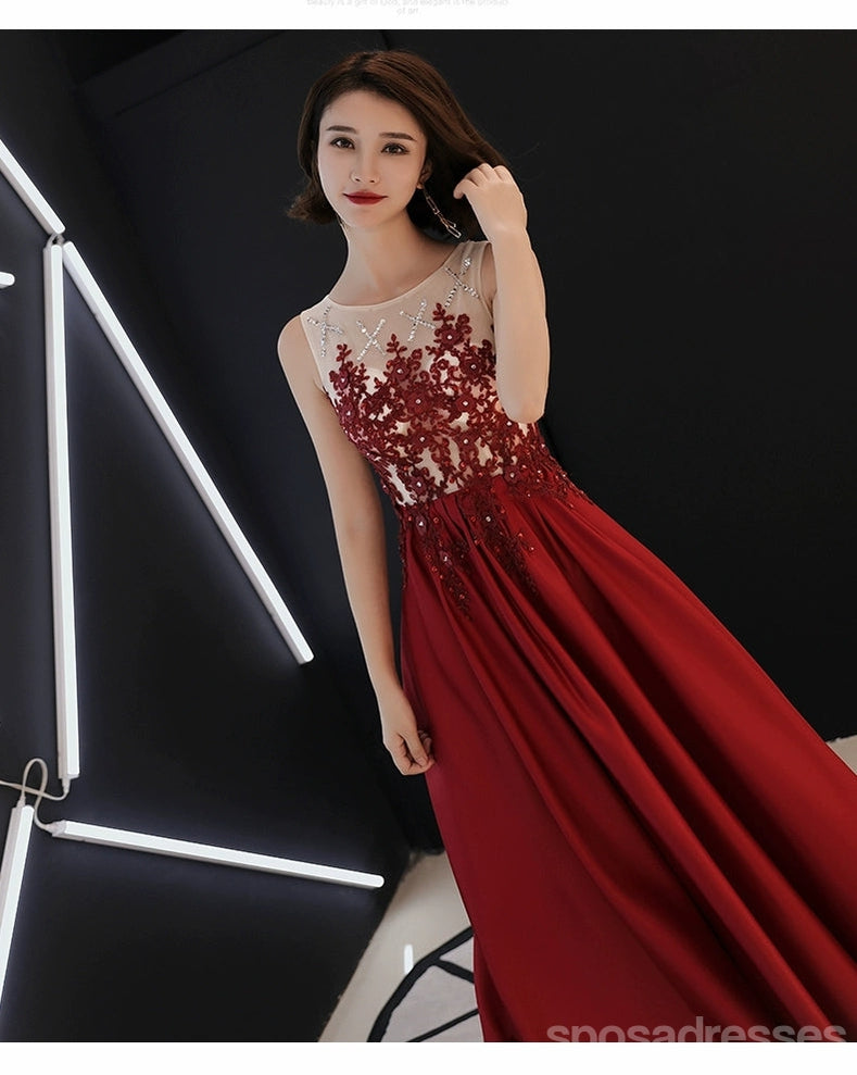 Red A-line Sleeveless Jewel Maxi Long Prom Dresses Online,PD0071