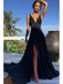 Sexy Black A-line Side Slit V-neck Maxi Long Party Prom Dresses, Evening Dress,13318