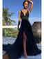 Sexy Black A-line Side Slit V-neck Maxi Long Party Prom Dresses, Evening Dress,13318