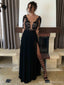 Long Sleeve Black Mermaid Evening Prom Dresses, Sexy Deep V Neckline Slit Party Prom Dress, Custom Long Prom Dresses, Cheap Formal Prom Dresses, 17076