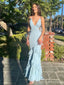 Sexy Blue Mermaid Spaghetti Straps V-neck Maxi Long Party Prom Dresses,Evening Dress,13483