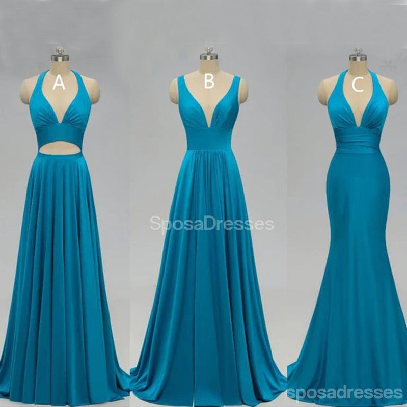 Teal V Neck Side-Slit Cheap Long Bridesmaid Vestidos Online, WG298