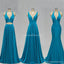 Teal V Neck Side-Slit Cheap Long Bridesmaid Vestidos Online, WG298