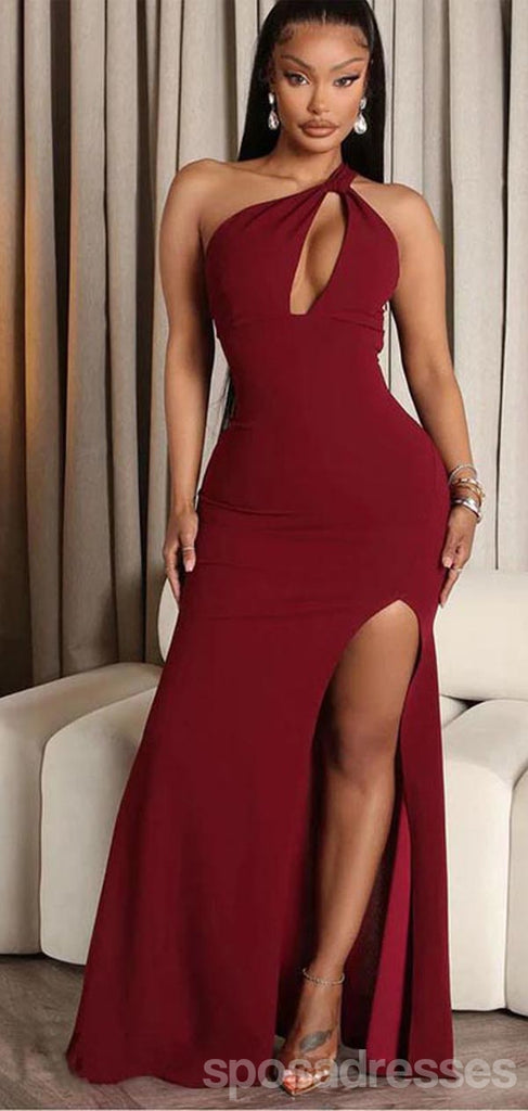 Sexy Dark Red Mermaid One Shoulder Side Slit Maxi Long Bridesmaid Dresses Online,WG1699