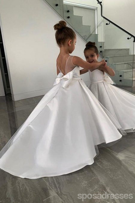 Sweet Satin A-line Top Tulle Long Flower Girl Dresses With Bow, Cute Flower Girl Dress, FG0195