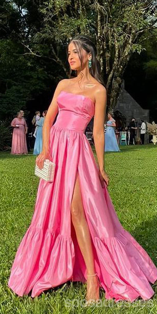 Pink A-line Strapless Side Slit Maxi Long Party Prom Dresses,Evening Dress,13349