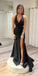 Sexy Black Mermaid Halter V-neck Side Slit Long Party Prom Dresses,Evening Dress,13396