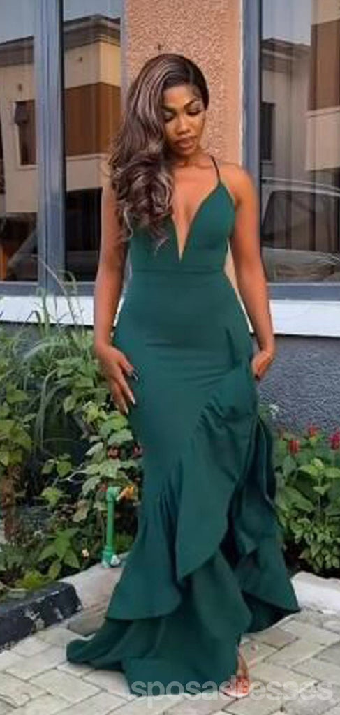 Sexy Green Mermaid Spaghetti Straps V-neck Maxi Long Party Prom Dresses,Evening Dress,13413