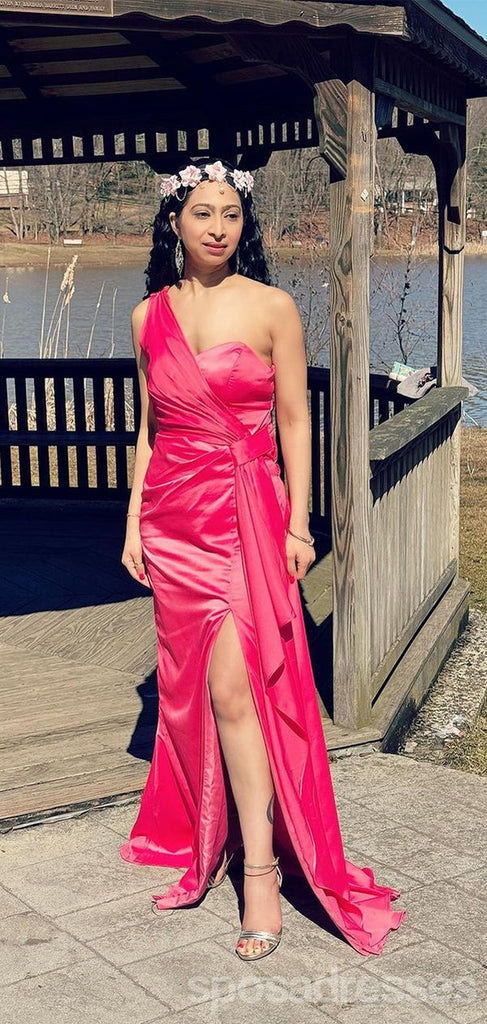 Sexy Hot Pink Mermaid One Shoulder Side Slit Maxi Long Bridesmaid Dresses,WG1774