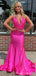 Sexy Hot Pink Mermaid V-neck Backless Maxi Long Party Prom Dresses,Evening Dress,13470