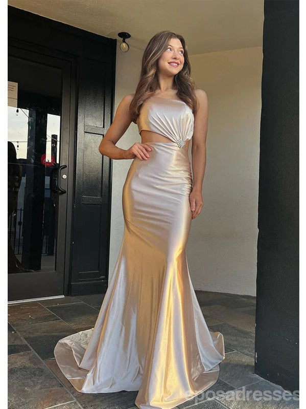 Sexy Champagne Mermaid One Shoulder Side Slit Maxi Long Party Prom Dresses,Evening Dress Online,13417