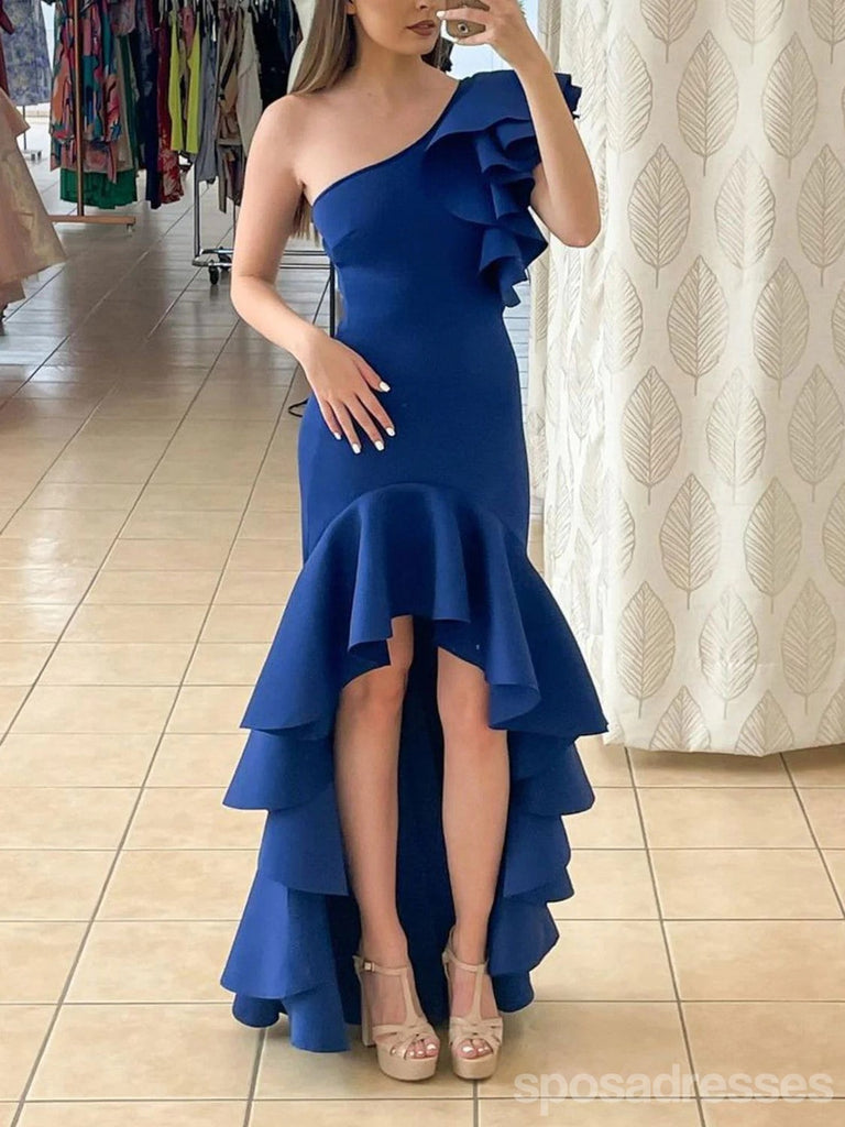 Sexy Blue Sheath One Shoulder High Low Maxi Long Party Prom Dresses,13330