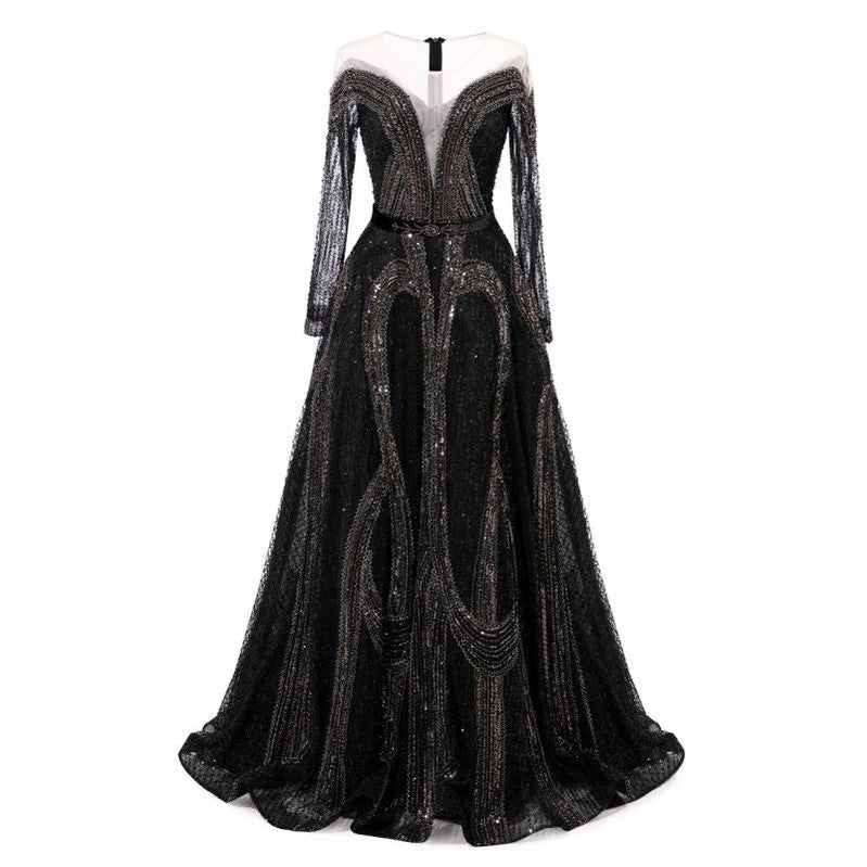 Gorgeous Black A-line Long Sleeves Maxi Long Party Prom Dresses,Evening Dress,13528