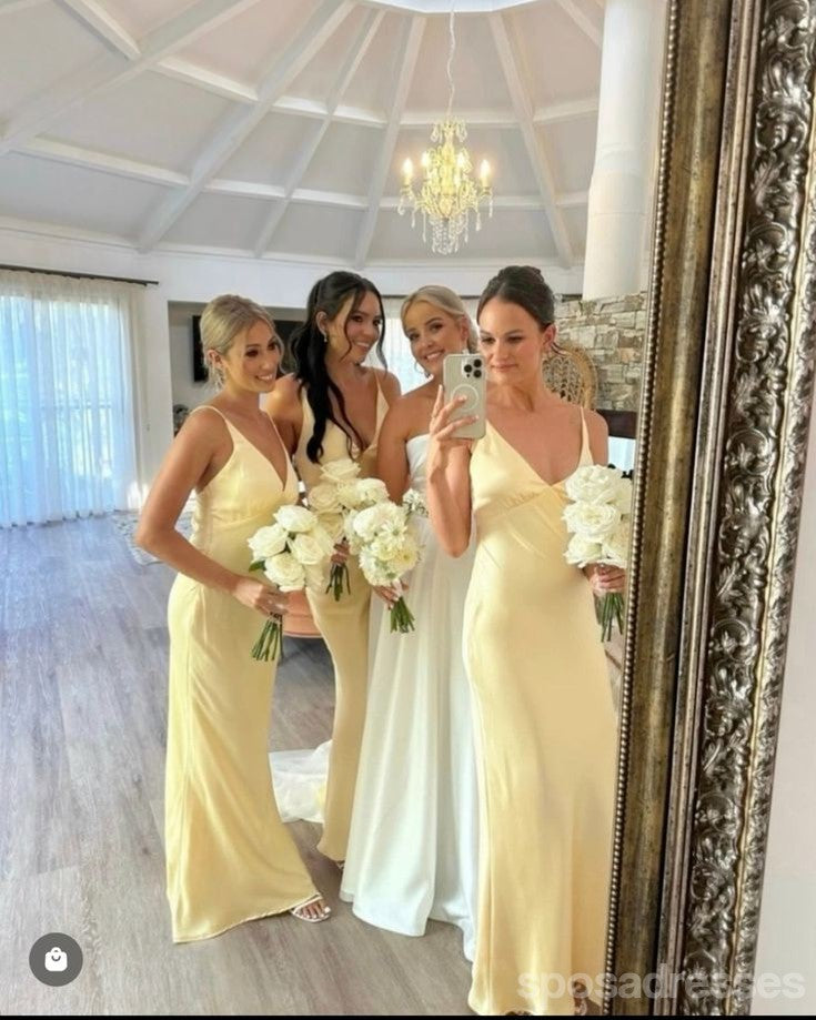 Simple Yellow Sheath Spaghetti Straps Maxi Long Bridesmaid Dresses For Wedding Party,WG1829