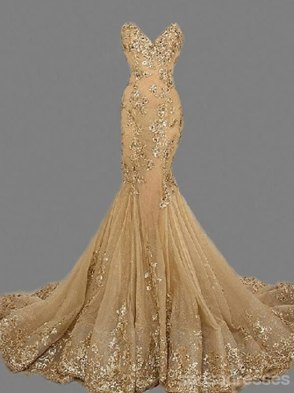 Sexy Sweetheart Gold Lace Beaded Mermaid Long Evening Prom Dresses, Popular Cheap Long Party Prom Dresses, 17238